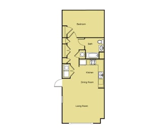 A floor plan of a house with a bedroom, bathroom, kitchen, dining room, and living room.