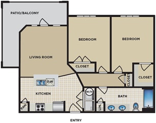 A floor plan of a house with a living room, two bedrooms, a kitchen, a bath, and two closets.