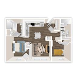 A floor plan of a house with a kitchen, living room, dining room, and bedrooms.