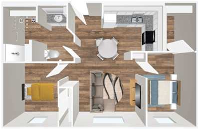 A floor plan of a house with a kitchen, living room, and bathroom.