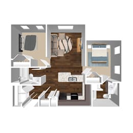 A top down view of a small apartment with a bedroom, living room, and kitchen.