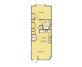 A floor plan of a house with a bedroom, bathroom, kitchen, dining room, and living room.