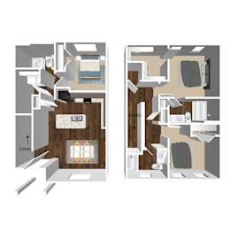 A floor plan of a two-story home with stairs on both the left and right sides.