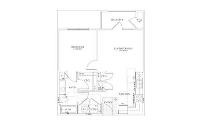 A floor plan of a house with a balcony, bedroom, living/dining area, bathroom, kitchen, and entry.