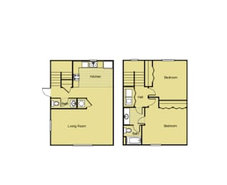 Two floor plans of a house with a living room and kitchen on the left, and two bedrooms and a hall on the right.