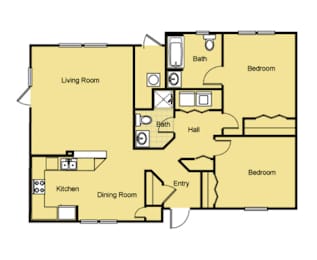 A floor plan of a house with a living room, dining room, kitchen, two bedrooms, a hall and a bathroom.