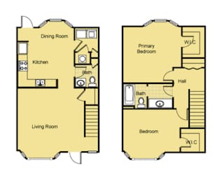 A floor plan of a two-bedroom apartment with a living room, dining room, kitchen, and bathroom.
