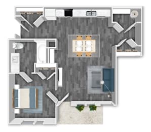 A floor plan of a house with a kitchen, living room, and two bedrooms.