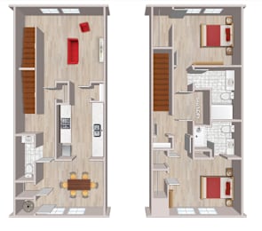 A floor plan of a two-story apartment with a living room, kitchen, and bathroom on each floor.