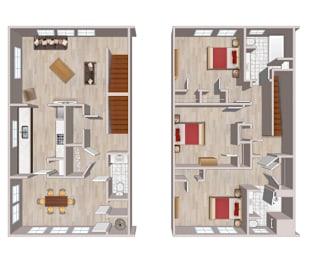 A floor plan of a two-story house with a living room, kitchen, and bedrooms.
