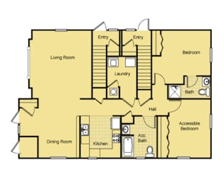A floor plan of a house with a living room, dining room, kitchen, and two bedrooms.