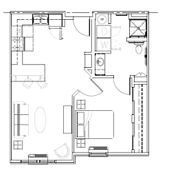 A floor plan of a house with a kitchen, living room, and bathrooms.