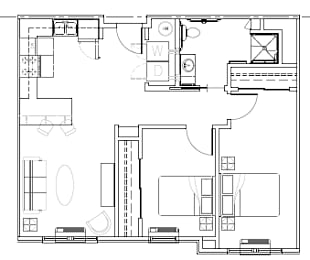 A floor plan of a house with a kitchen, living room, and bathrooms.