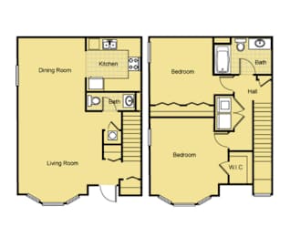 A floor plan of a house with a living room, dining room, kitchen, and three bedrooms.