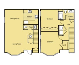 A floor plan of a house with a living room, dining room, kitchen, and three bedrooms.