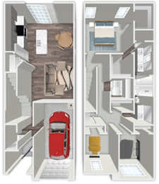 A diagram of a two-story house with a red car in the garage.