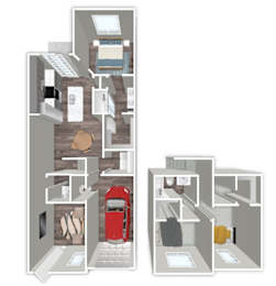 A floor plan of a two-story apartment with a red door on the bottom floor.