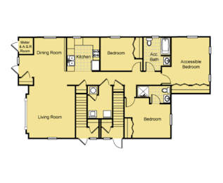 A floor plan of a house with a living room, dining room, kitchen, two bedrooms, and an accessible bedroom.