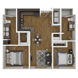 A 3D floor plan of a small apartment with two bedrooms, a living room, and a kitchen.
