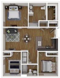 A 3D floor plan of a small apartment with a bedroom, living room, kitchen, and bathroom.