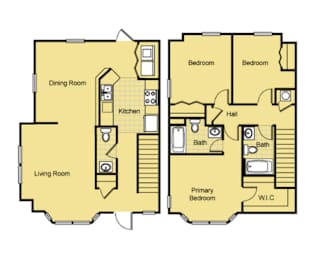 A floor plan of a house with a living room, dining room, kitchen, and bedrooms.