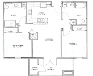 A floor plan of a house with a kitchen, living room, two bedrooms, a bathroom, a closet, a storage area, and a lanai.