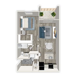A floor plan of a small apartment with a bedroom, living room, and bathroom.