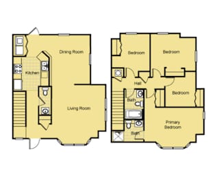 A floor plan of a house with a living room, dining room, kitchen, and multiple bedrooms.