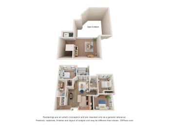 a stylized floor plan of a 3 bedroom apartment