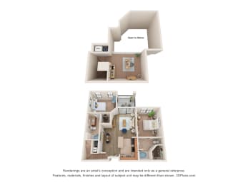 a stylized floor plan of a 3 bedroom apartment
