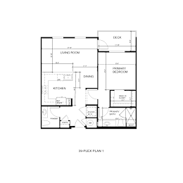 Floor Plan  A black and white floor plan of a 39-plex apartment.