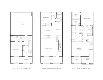 Floor Plan  Three floor plans for a 6-plex home are shown.