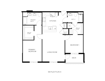 Floor Plan  A floor plan of a home with a living room, two bedrooms, a kitchen, and a bathroom.
