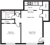 A floor plan of a house with a bedroom, living room, and closet.