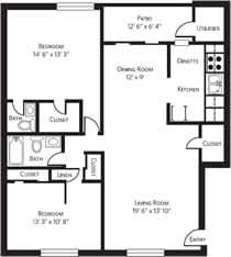 A black and white image of a floor plan for a two bedroom apartment.