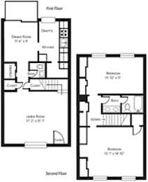 A black and white image of a floor plan for a two-story house.