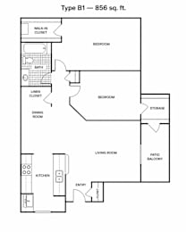 A black and white image of a Type B1 - 856 sq. ft. floor plan.