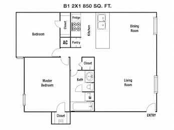 A floor plan of a 2 bedroom, 2 bathroom apartment.