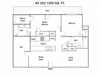 A floor plan of a 2200 square foot home with a living room, dining room, kitchen, pantry, two bedrooms, and bathrooms.