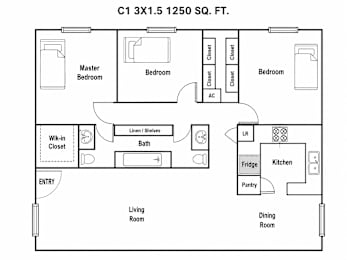 A floor plan of a one bedroom apartment with a living room, dining room, kitchen, and bath.