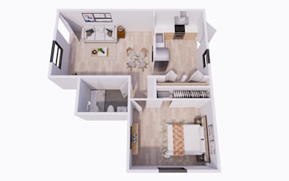 A top down view of a house interior with a living room, dining room, kitchen, and two bedrooms.