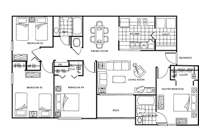 A black and white floor plan of a house with labeled rooms.