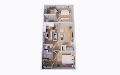 Floor Plan  A 3D floor plan of a small apartment with two bedrooms, a living room, a kitchen, and a bathroom.