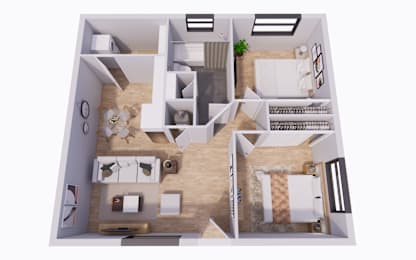 Floor Plan  A top down view of a small apartment with a kitchen, living room, and bedroom.