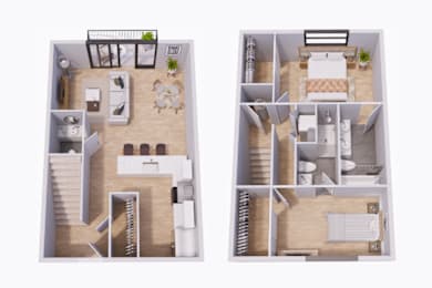 Floor Plan  Two floor plan images of a house with a living room, kitchen, and bedrooms.