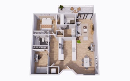 Floor Plan  A top-down view of a house layout with a living room, kitchen, and dining area.