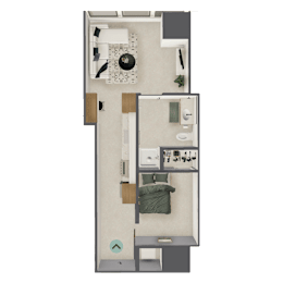 A top-down view of a small, neatly organized apartment with a bed, desk, and kitchenette.