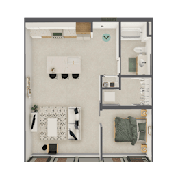 A top-down view of a small apartment with a kitchen, living room, and bedroom.