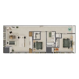 A top-down view of a small apartment with a kitchen, living room, and two bedrooms.