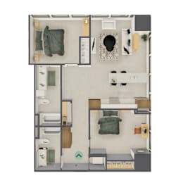 A top-down view of a small apartment layout with a bedroom, living room, and kitchen.